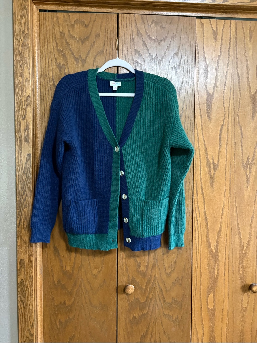 LuLaRoe Two-Tone Green & Navy Ribbed Button Cardigan